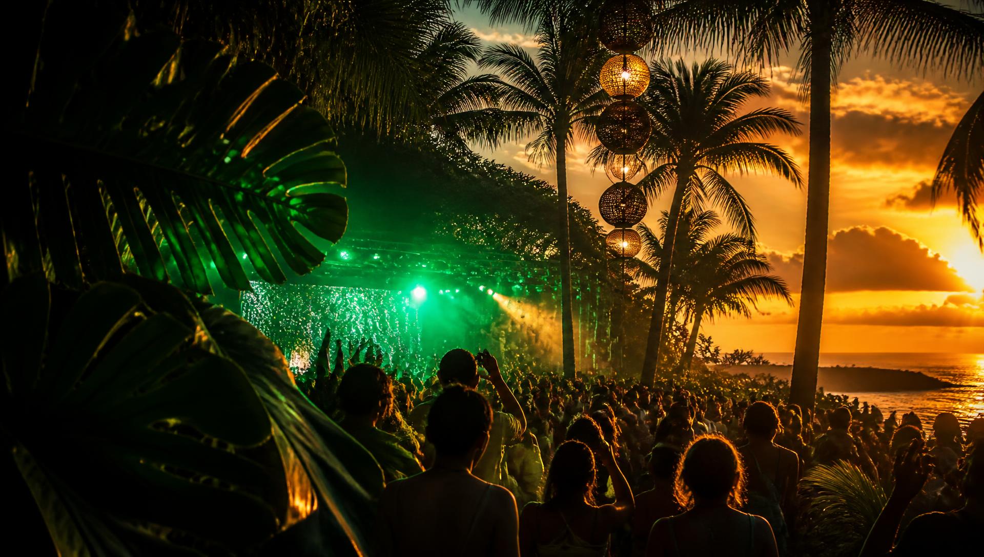 Festa tropical ao pôr do sol produzida pela Tropically Events